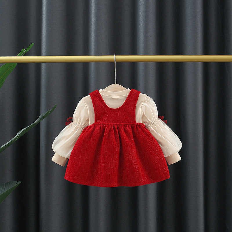 Autumn and Winter Arrival Baby Girls Long Sleeves Crew Neck Top and Overalls Dress