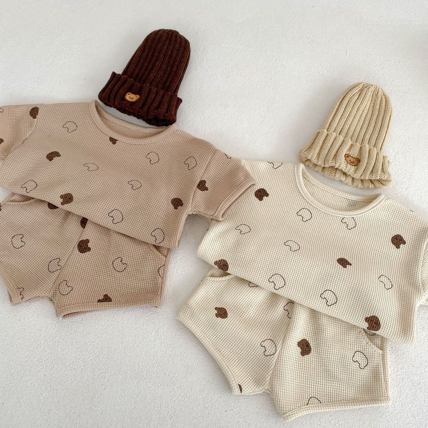 Baby Cartoon Print Pattern Waffle Knitted Fabric Clothing Sets