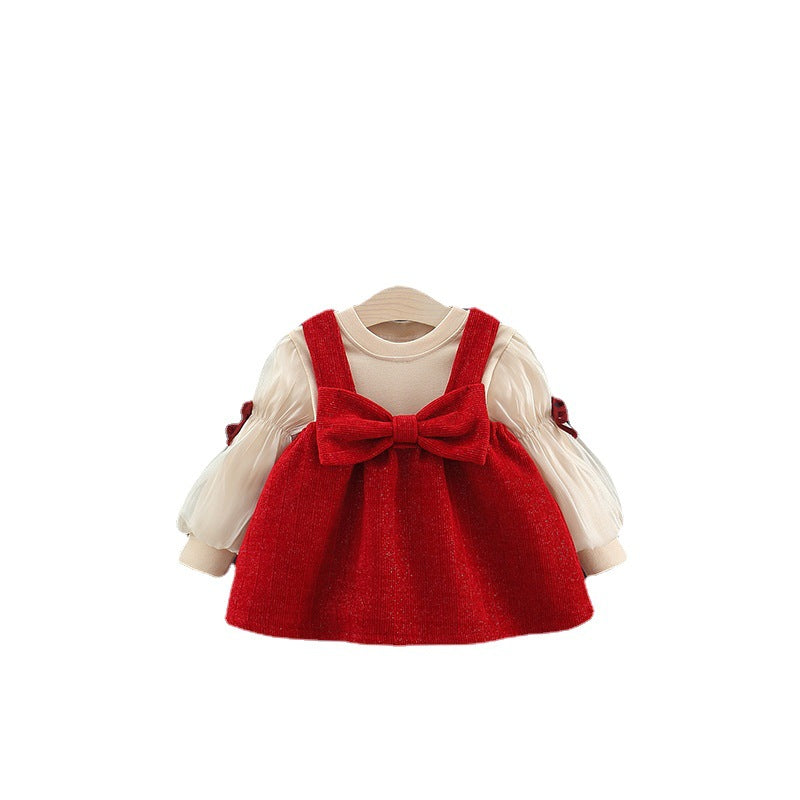 Autumn and Winter Arrival Baby Girls Long Sleeves Crew Neck Top and Overalls Dress