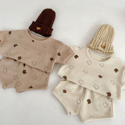 Baby Cartoon Print Pattern Waffle Knitted Fabric Clothing Sets