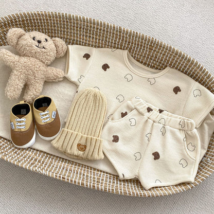 Baby Cartoon Print Pattern Waffle Knitted Fabric Clothing Sets